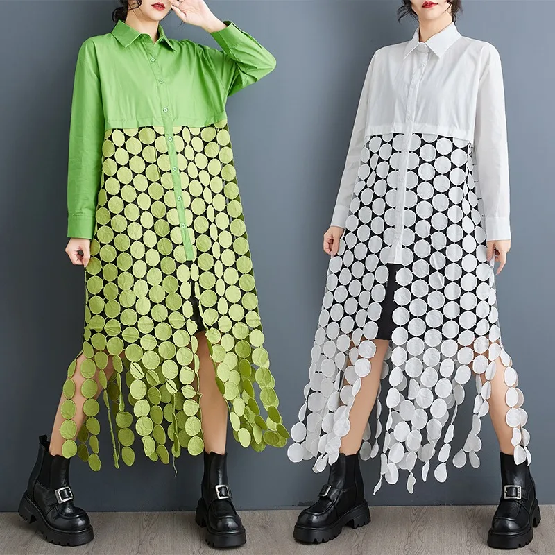 تنورة قميص كاجوال عصرية مجوفة ذات شراشيب دائرية، ذات إحساس راقي، قميص طويل متعدد الاستخدامات