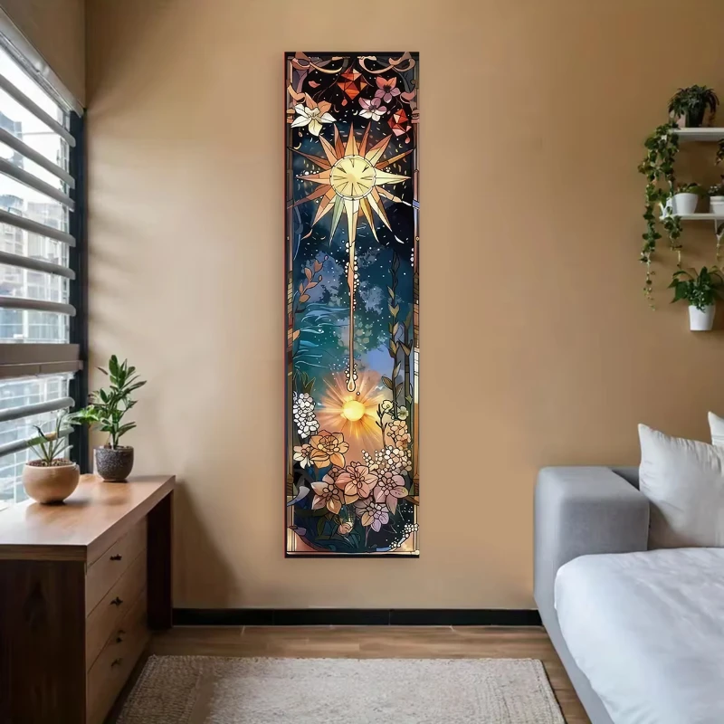 VIKAMA Tapisserie murale verticale florale soleil lune arbre, style bohème mystique nature, pour chambre à coucher, salon, décoration intérieure