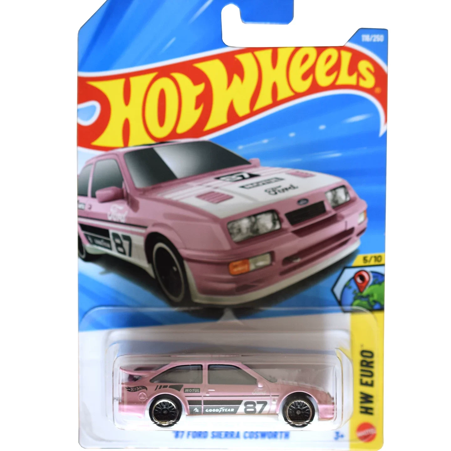 Coche Original Hot Wheels, Ford Sierra Cosworth Euro 87 Rosa, Escala 1/64, Juguete para Niños, Modelo Metálico de Automóvil NO.116/250 2026E