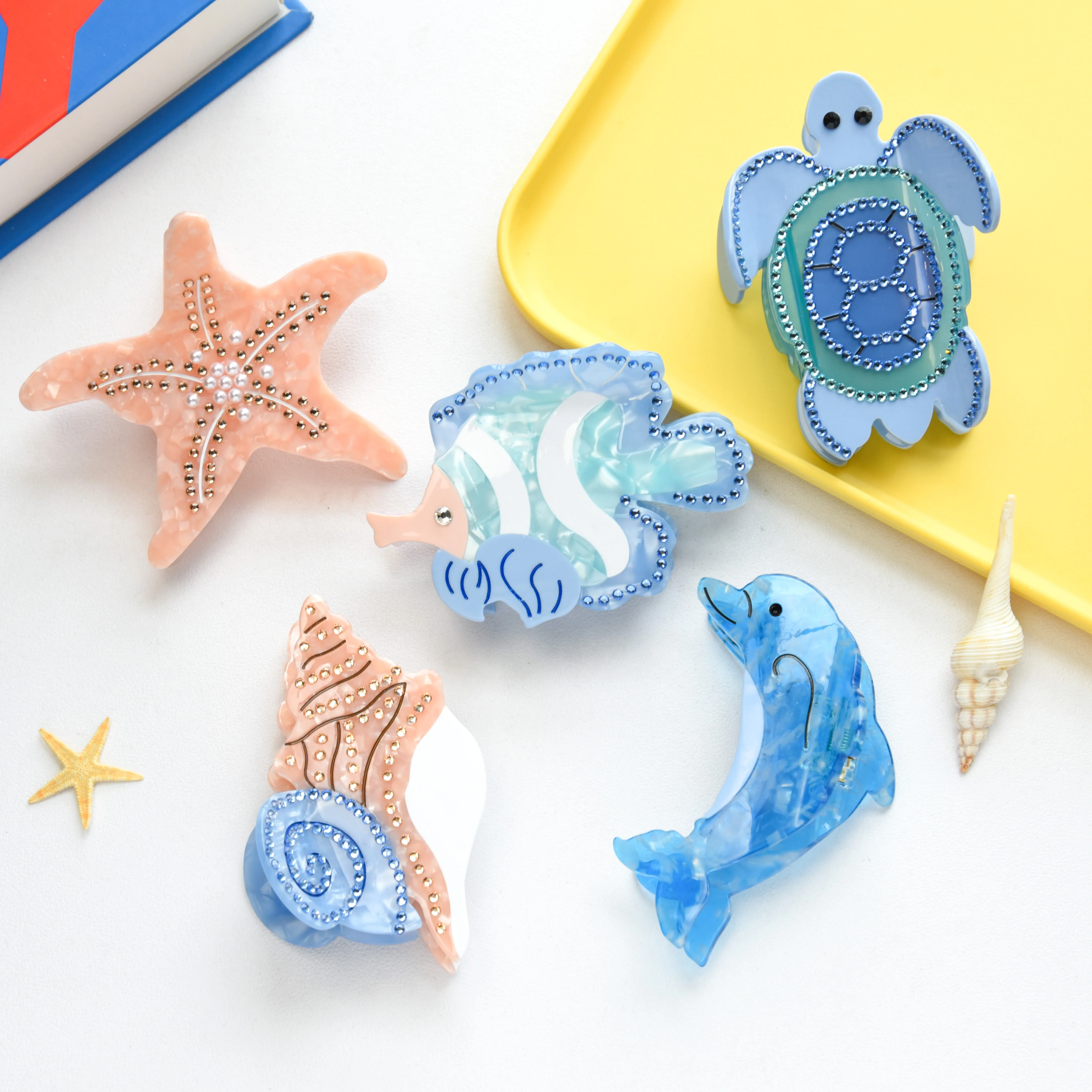 

Refreshing World Light Luxury Hair Claw Ocean Series Many Rhinestone Acetate Hair Claw Clips Hair Accessories for Women Girls