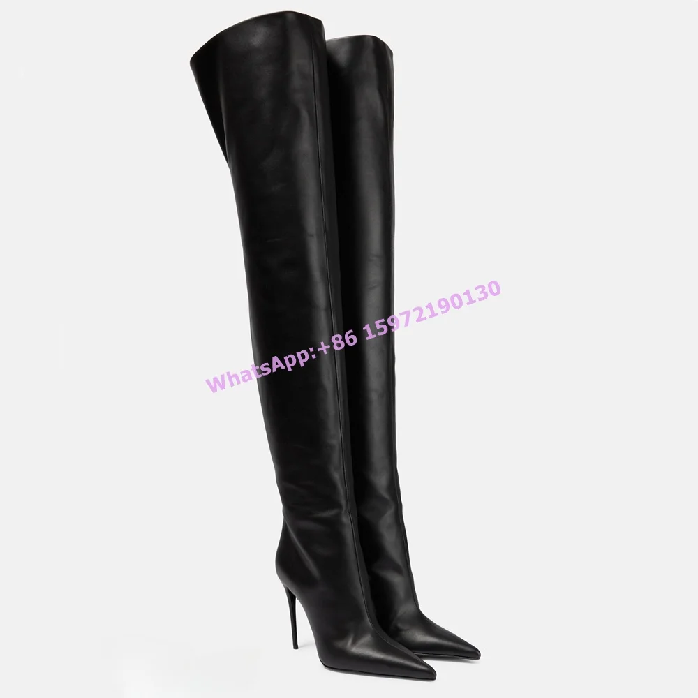 Black Thigh High Boots Pointy Toe Thin Heels Buckle Belt Solid Leather Long Boots Women's Sexy Fashion Runway Shoes 2025