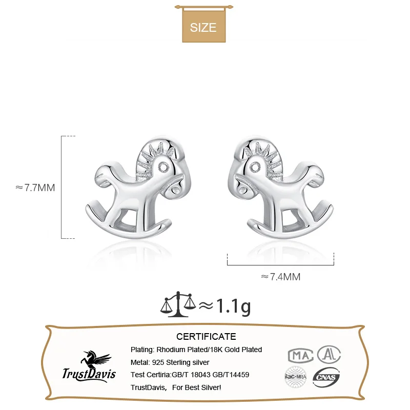 TrustDavis Real 925 Sterling Silver Sweet Trojan Horse Screw Stud Earrings For Daughter Girls Birthday Gift Fine Jewelry DG0159