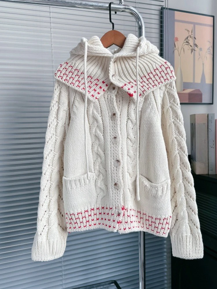 

2025 Autumn Winter Cardigan Detachable Hooded Design Pockets Single Breasted Sweaters Korean Fashion Knit Tops Women's Clothing