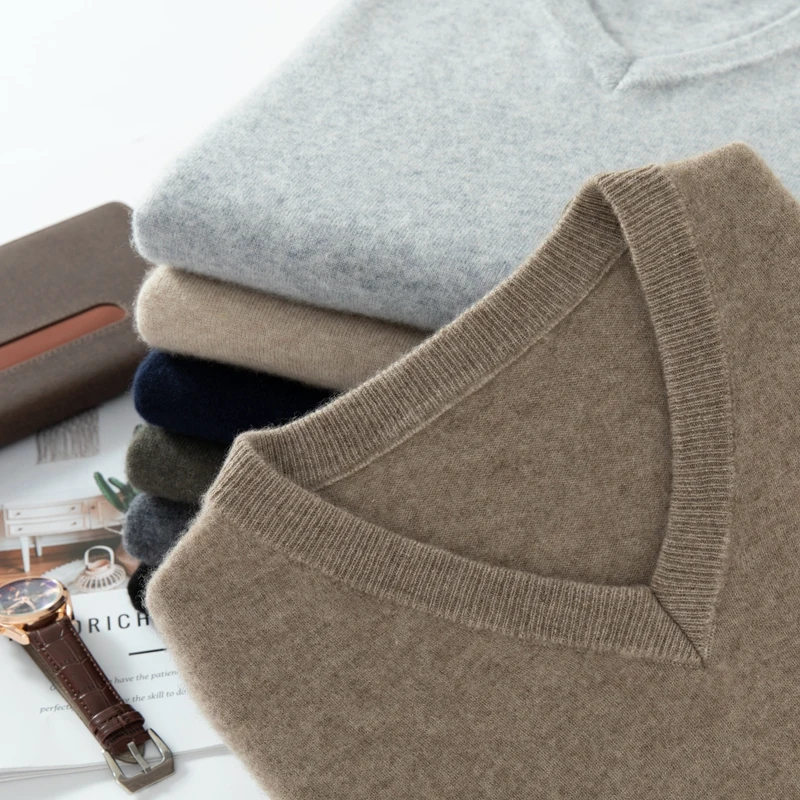 

Мужской базовый свитер-пуловер из 100% кашемира, осенне-зимний, теплый, толстый, вязаный, с V-образным вырезом, повседневный, высококачественный, деловой топ