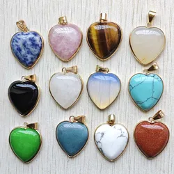Fashion good quality natural gem stone gold-plate side mix heart pendants 25mm diy jewelry making fast shipping wholesale 12pcs
