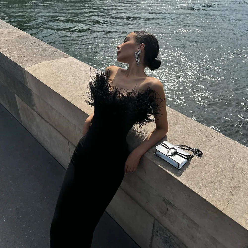 Women Patchwork Feather Cocktail Party Dress Elegant Chest Low Banquet Furry Long Prom Dress Waisted Slim Evening Gowns 2025 New
