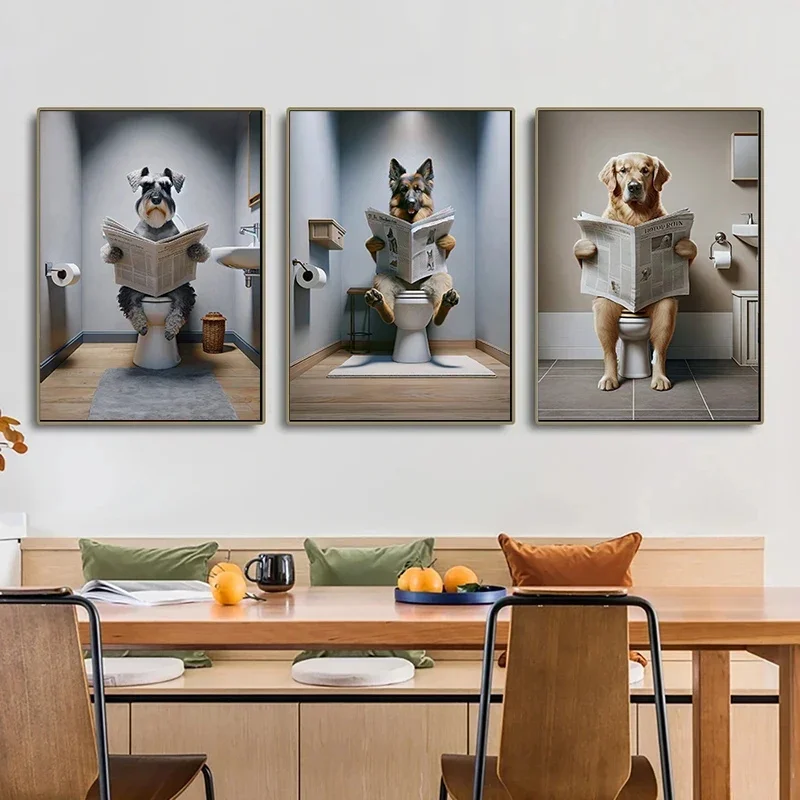 Toilet Dogs Reading Newspapers Funny Posters Rottweiler Doberman Poodle Canvas Painting Bathroom Wall Art Picture Home Decor