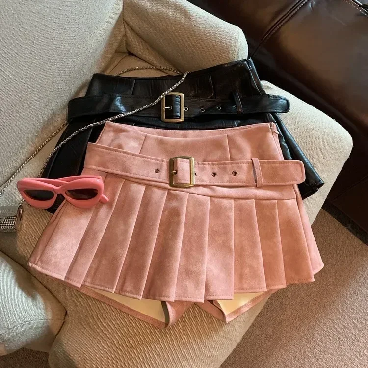 2024 New Winter Women’s Sexy 90S PU Faux Leather Skirt Short Skinny High With Belt Short Mini Pleated Skirt With Shorts Y2K