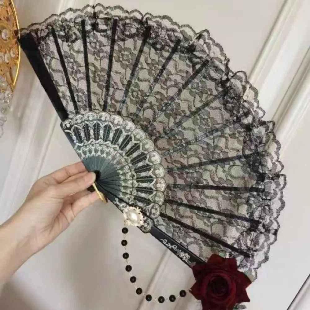 

Elegant Retro Feather Rose Folding Fan with Pendant Portable Hand Fan Classical Handmade Decorative Craft Fan Gift