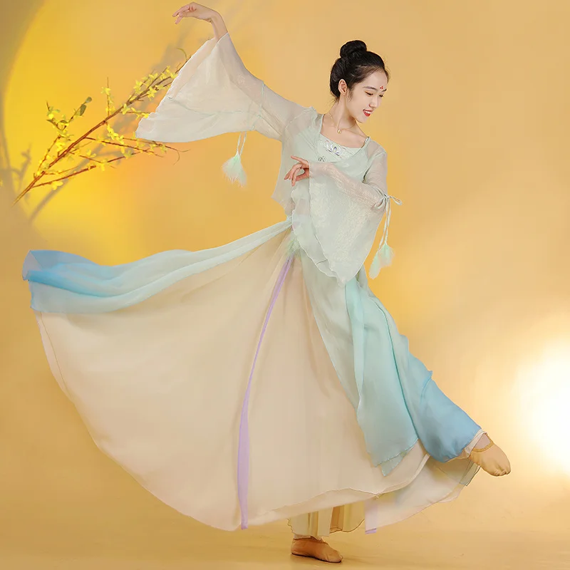 Fato de dança oriental com pluma variável de cor, gaze chinesa estilo ar fada, elegante prática desempenho terno