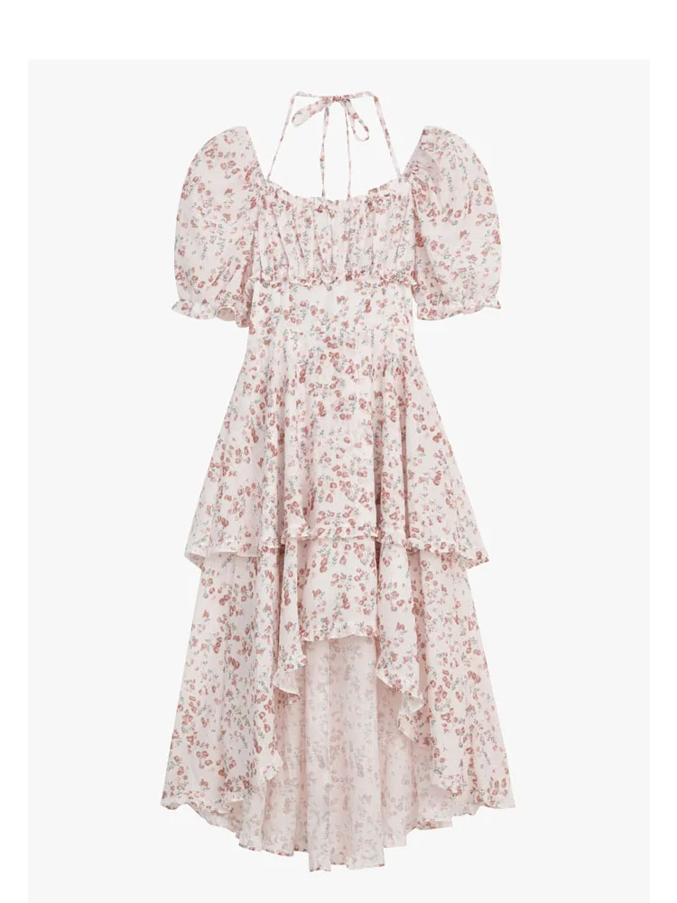 

Spring Summer Women Pink Floral Dress Puff Sleeve Square Collar A-Line Dress Casual Elegant One-Piece Frocks Romantic Party Prom