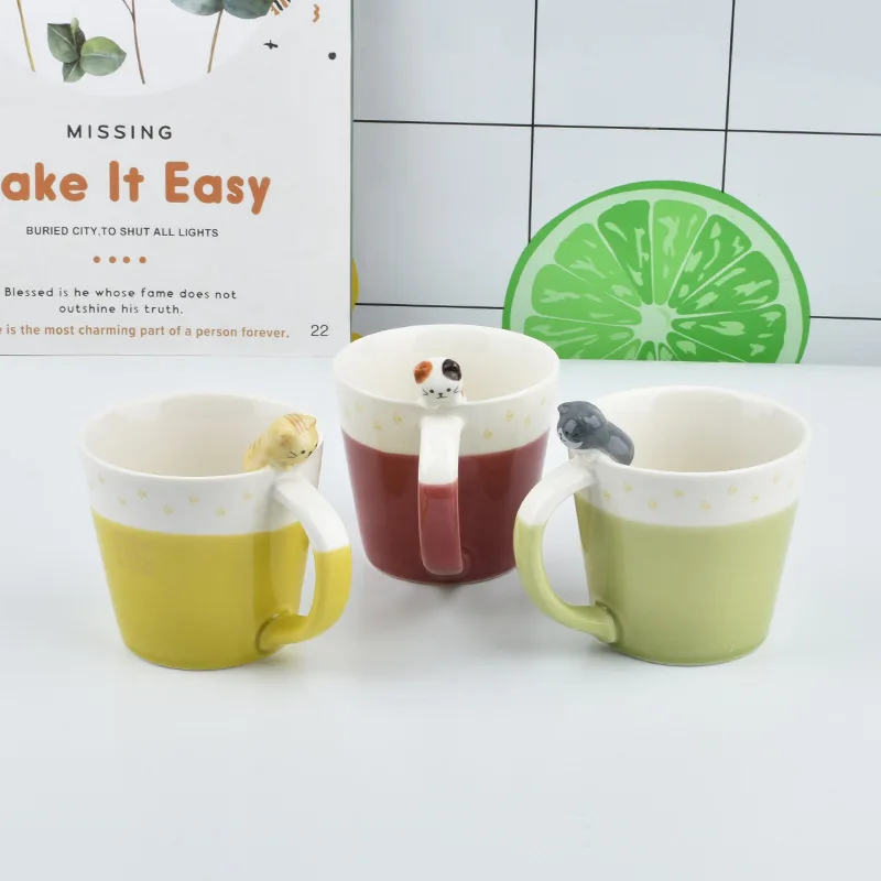Japanese Embossed Cat Mug Three-dimensional Cup Ceramic Coffee Cup Female Cute Cute Cat Cup Water Cup Couple Cup