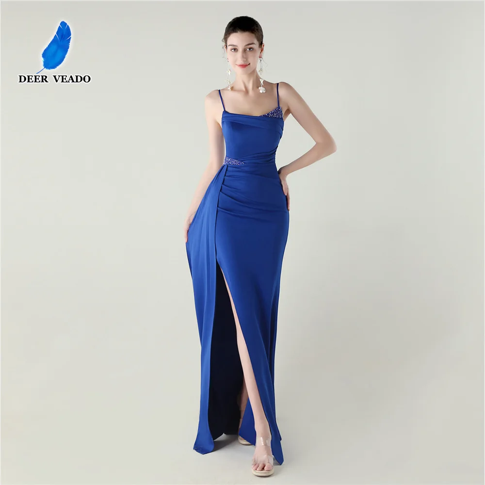 

DEERVEADO Sexy High Slit Mermaid Evening Dresses Woman Strap Formal Occasion Party Dress Prom Gown with Beads