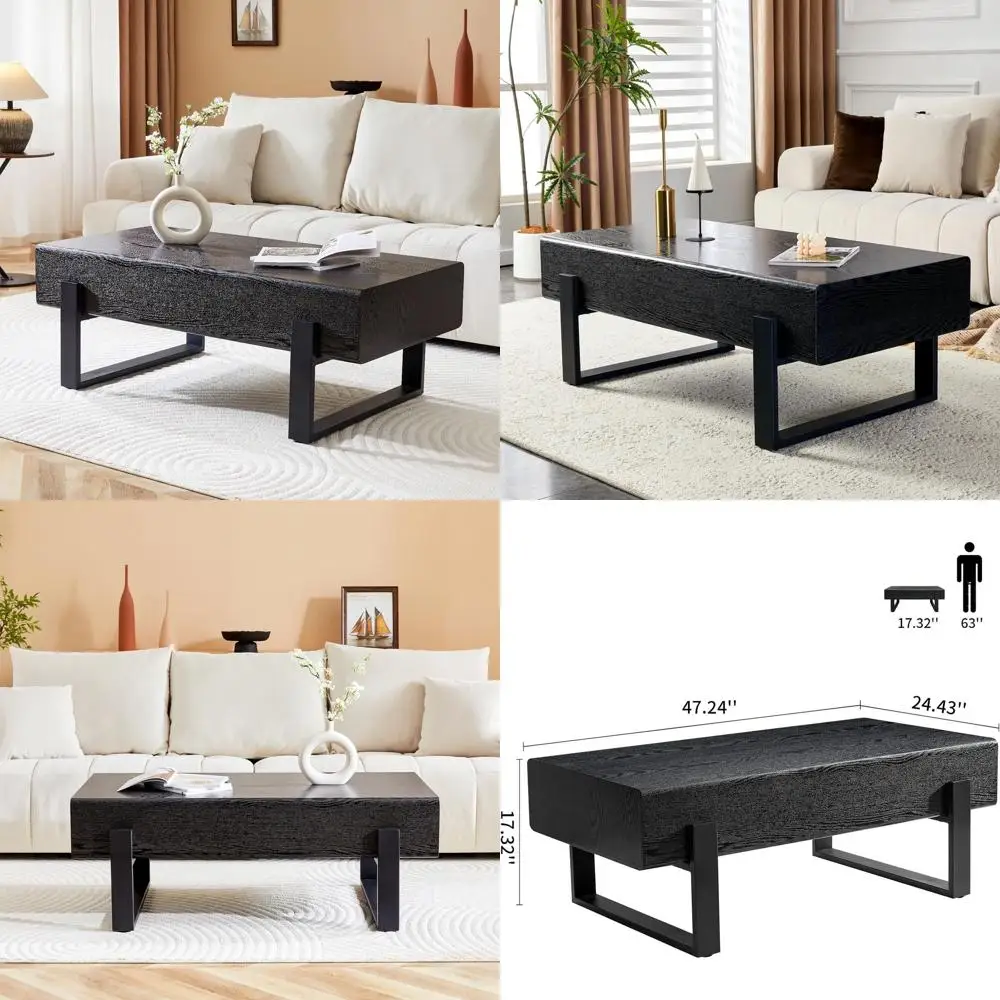 

Marble-Top Rectangle Coffee Table with Metal Legs for Small Living and Dining Spaces (Black)