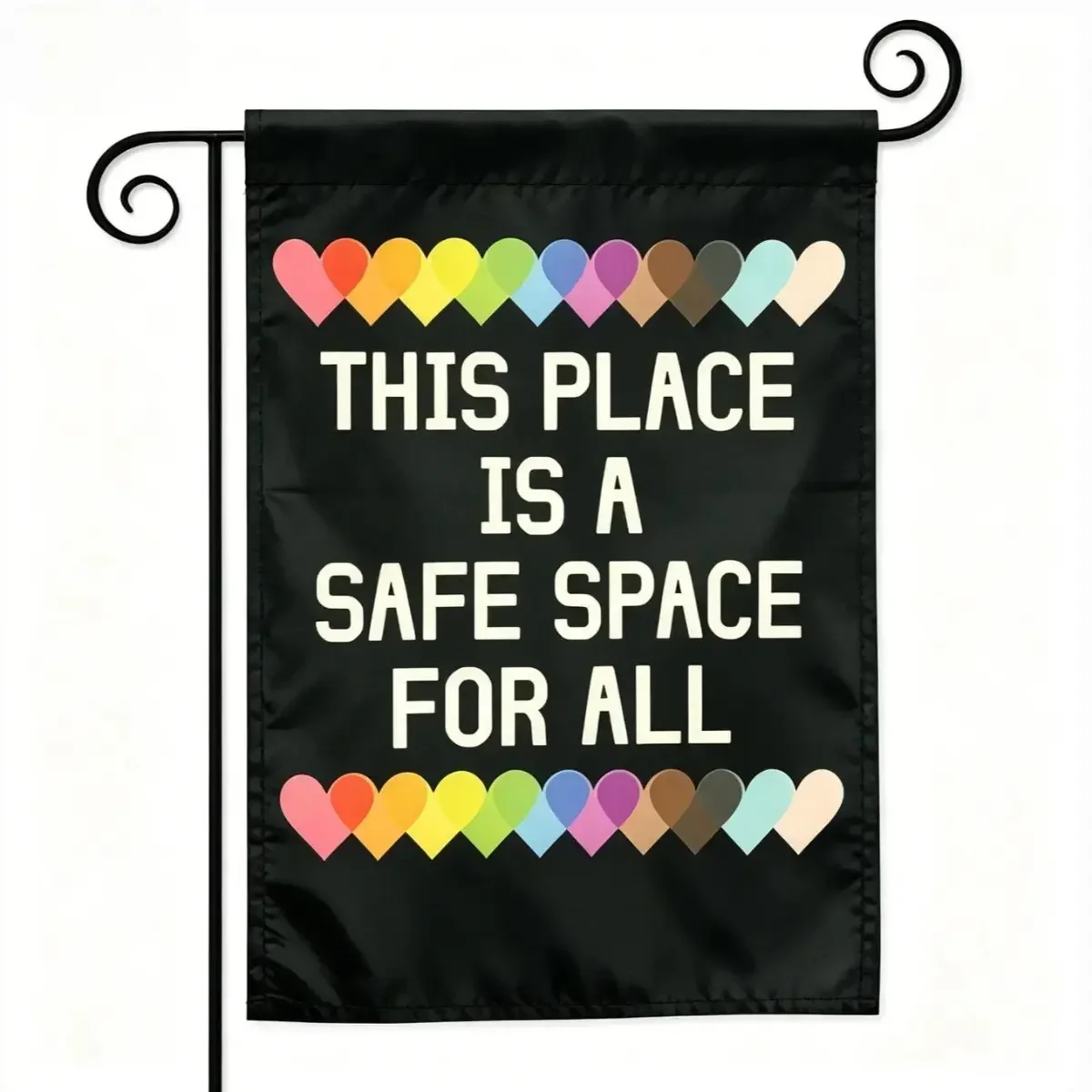 Pride Safe Space Garden Flag, 12x18in Double-Sided LGBTQ+ Inclusive Banner with "This Place Is A Safe Space For All" Rainbow Hearts, Outdoor Acceptance Support Decor (Home & Festive Supplies)