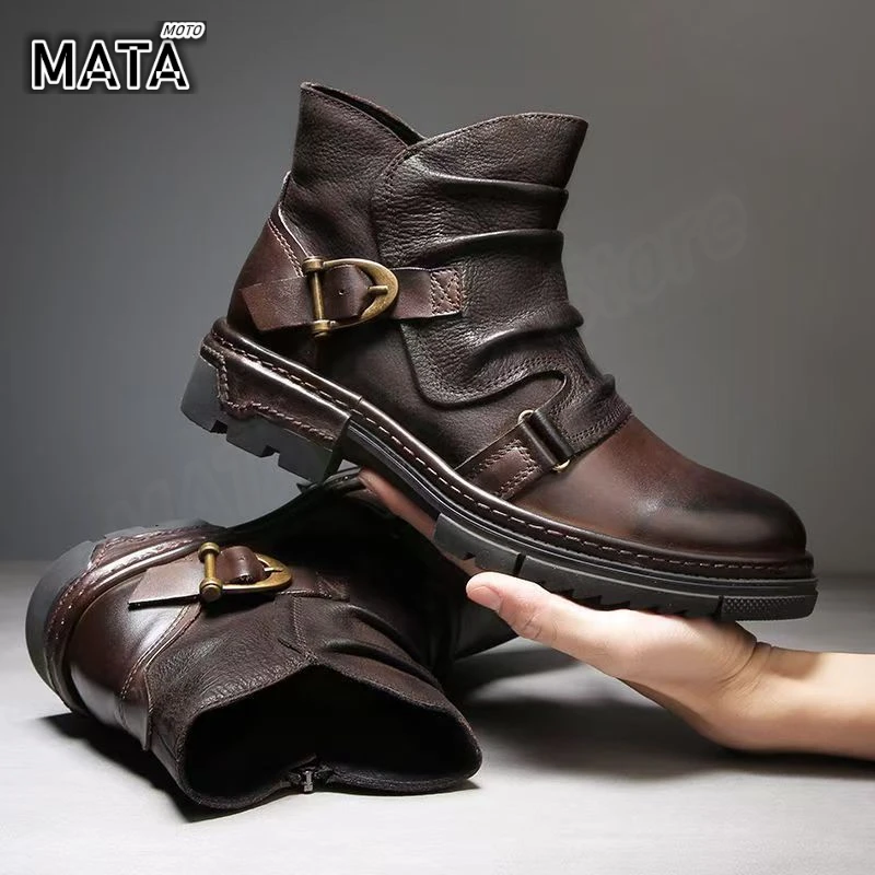 

Retro Men's Motorcycle Leather Boots British Style Round Head High Top Shoes Casual Platform Boots Moto Street Gear