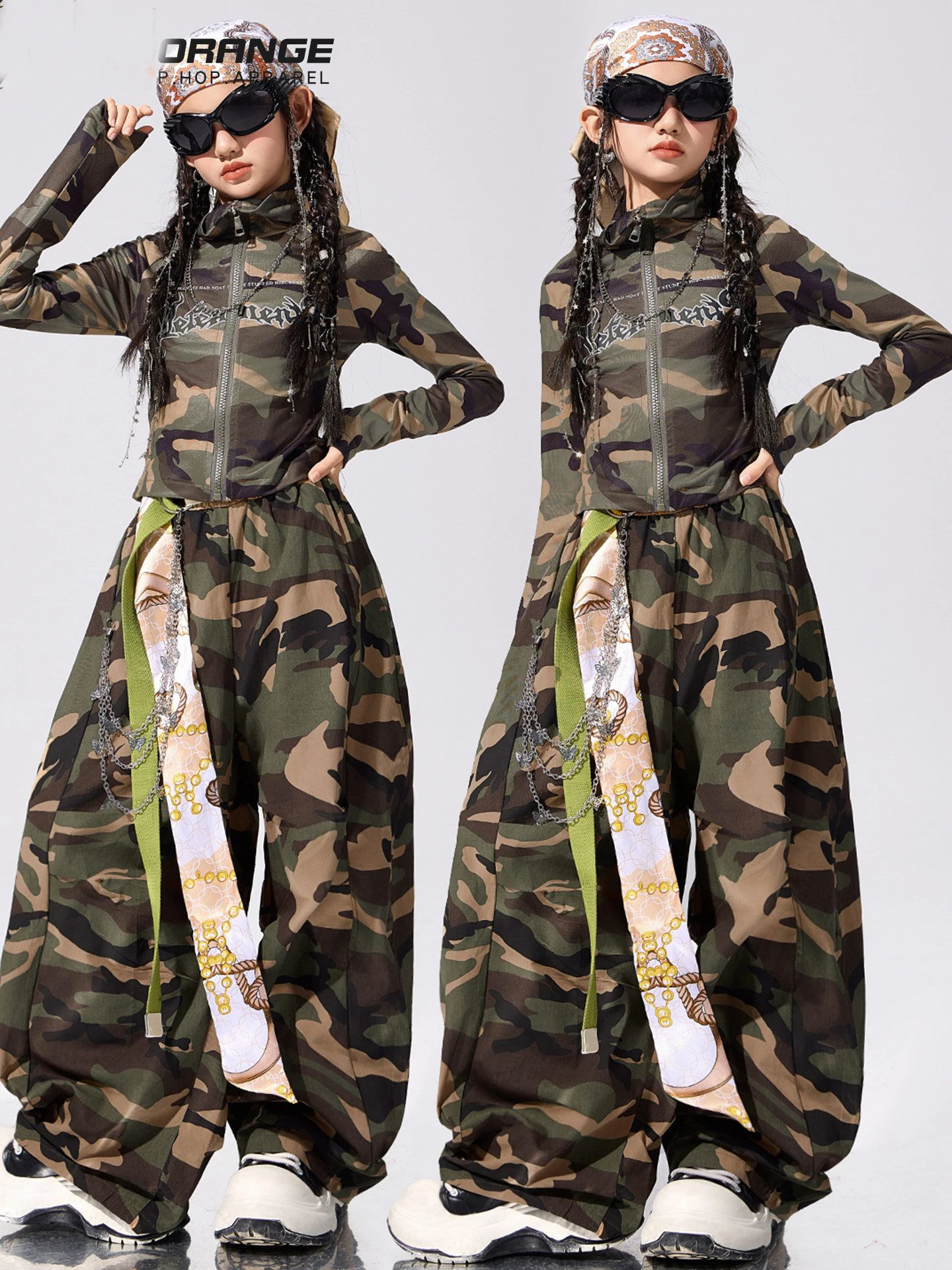 Novas meninas hip hop roupas de dança camuflagem mangas compridas terno crianças jazz dança topos calças prática desempenho traje palco wear