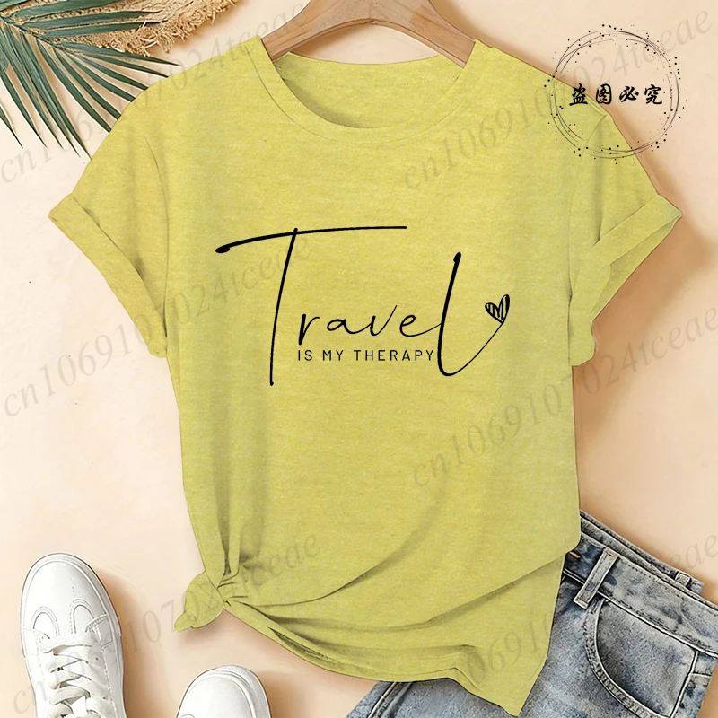 Travel Is My Therapy T-Shirts for Women,Traveler Gift,Vacation T-Shirts,short Sleeve Women's Tee Clothing,summer Fashion Tops