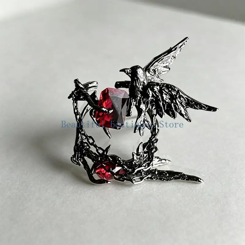 U4LF Gothic Style Crow Ring With Red Stone Zinc Alloy Open Design Adjustable Accessory For Special Occasion Or Gift