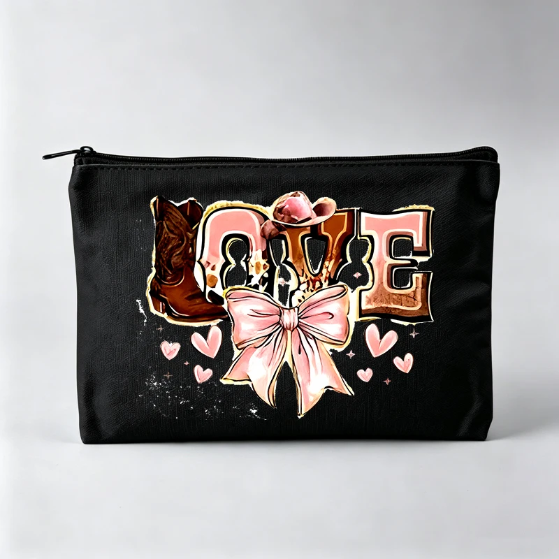 Women's Western Style Graphic Makeup Bag with Letter Print and Bow Design, Fashion Cosmetic Pouch for Daily Use