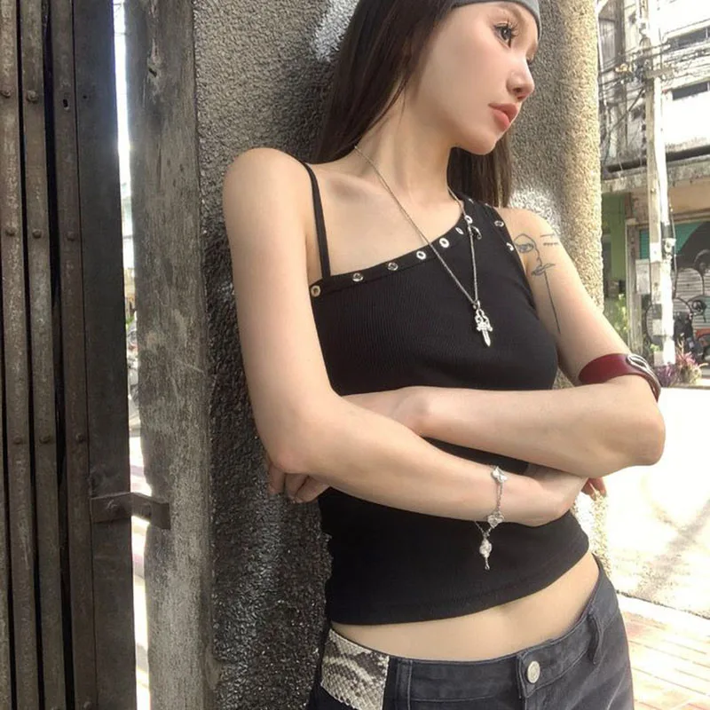 Lucyever Black Sexy One Shoulder Vest Tops Women Streetwear Ribbed Sleeveless Slim Fit Tank Female Y2K Grunge Punk Crop Tops