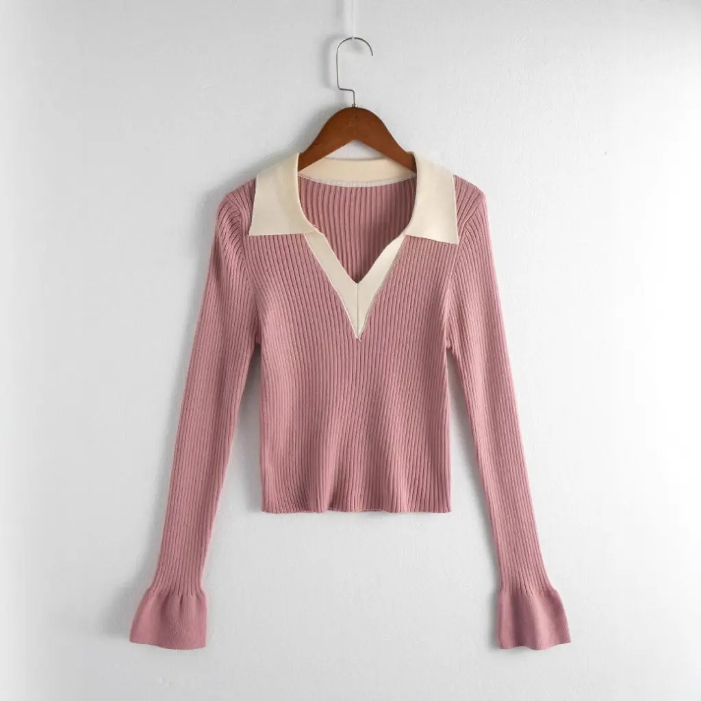 

Women's Contrast Color Knitwear V-Neck Pullover Long Sleeve Sweater Winter Top Simple Bottoming Shirt