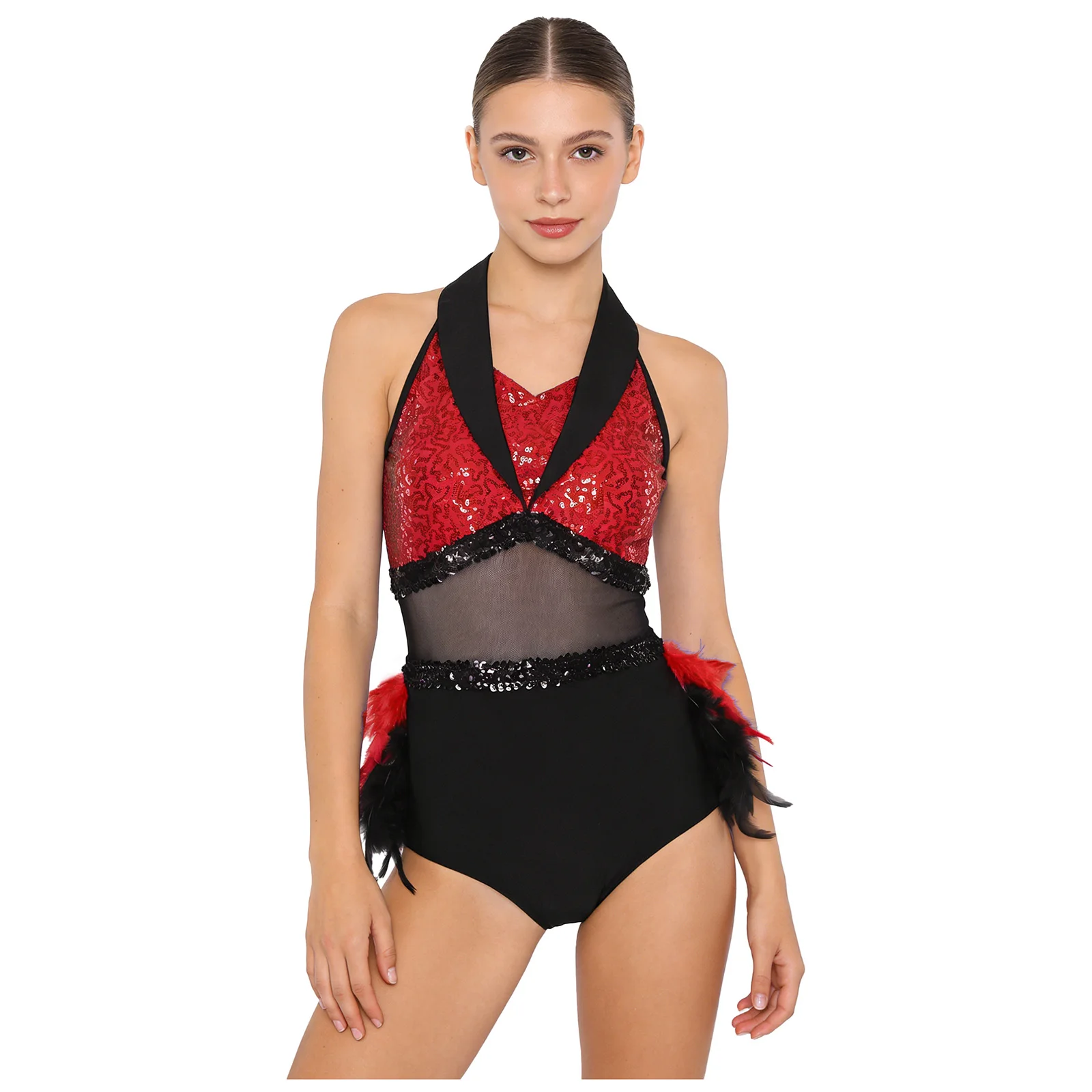 

Женские элегантные сетчатые купальники с блестками на талии и перьями для вальса, гимнастики, бальных танцев, ча-ча, одежда для латинских танцев самбы