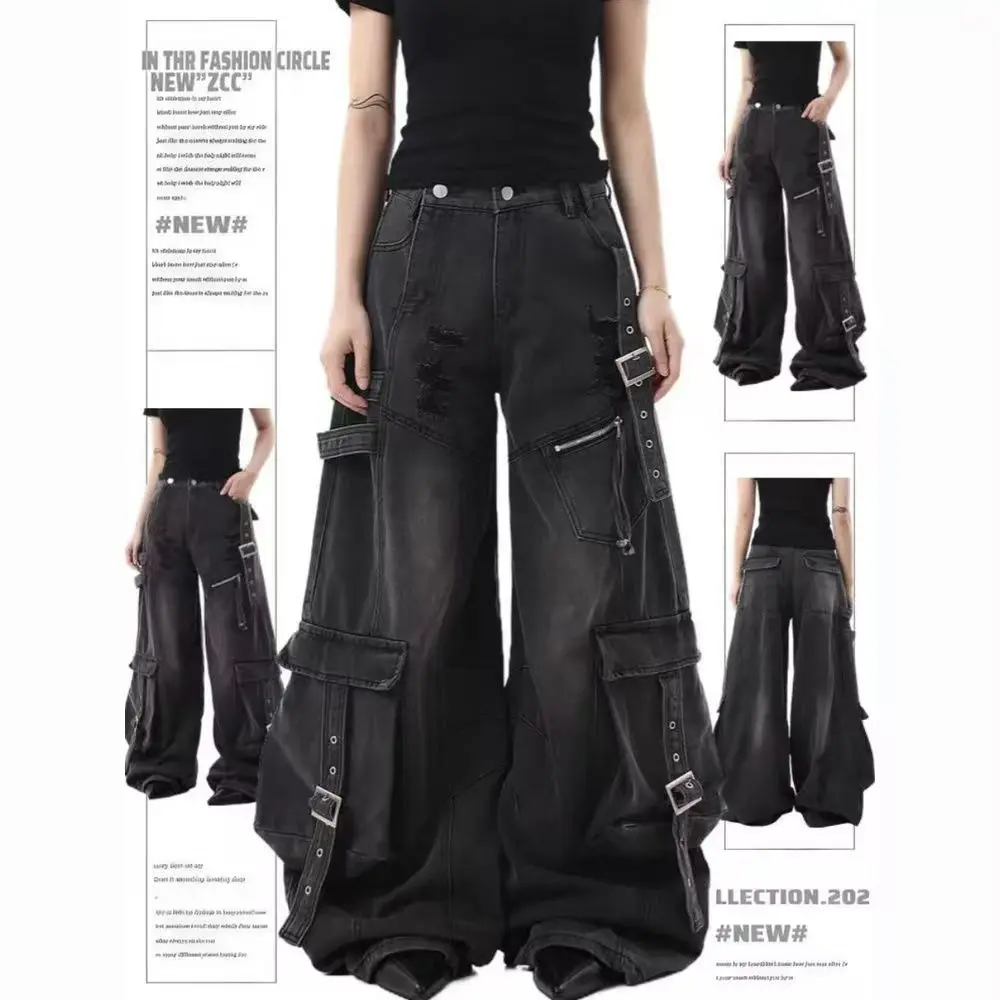 American Gothic Heavy-Industry Multi-Pocket Ripped Black Jeans Retro Fashion Men and Women Loose Wide Legs Casual Pants
