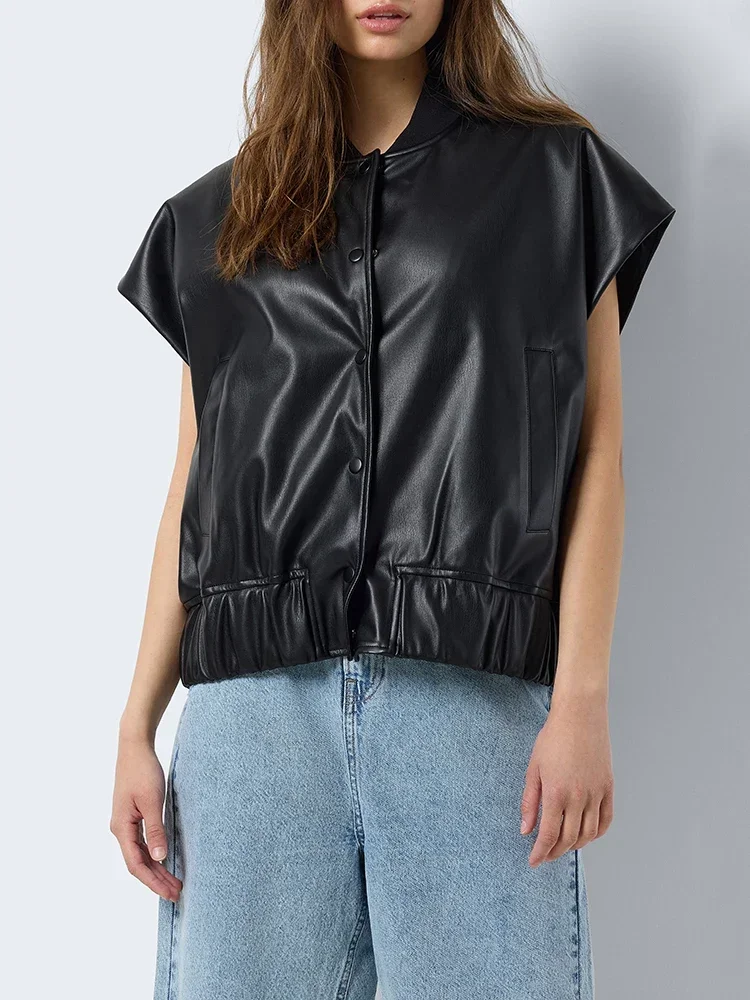 Women Matte Faux Leather Single Breasted Jacket Vest Ladies Vintage Sleeveless Black PU Bomber Jacket Coat New Casual Top Custom