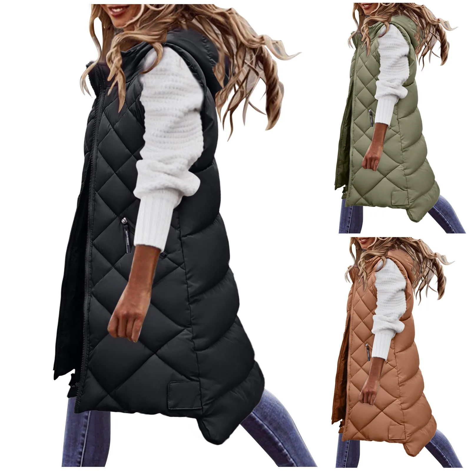 Women\'s Sleeveless Vest Long Down Padded Jacket Solid Color Hooded Loose Ladies Fashion Casual Warm Winter Jacket Vest Women