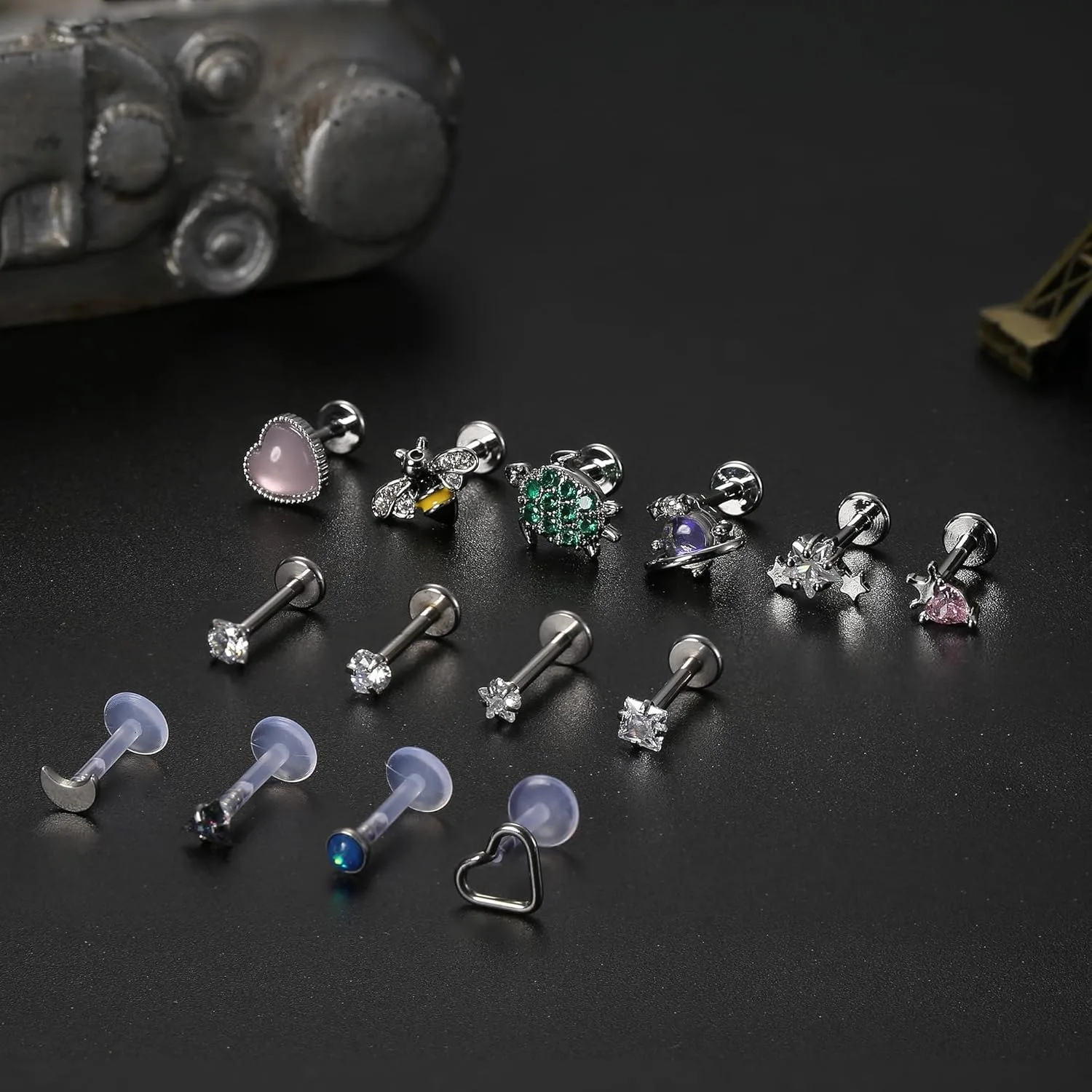 Drperfect 14PCS Surgical Steel Stud Earrings Set for Women Flat Back Tragus Medusa Nose Labret Conch Helix Piercing Jewelry Gift