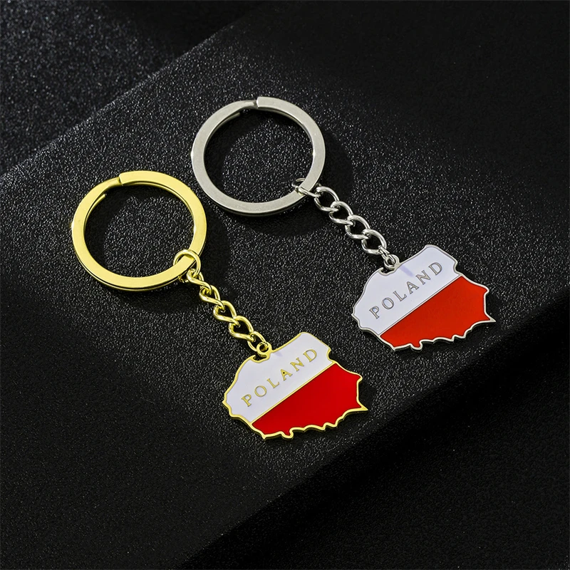 Trendy Poland Map Flag Keychain for Men Women Stainless Steel Pendant Key Chain Gold Color Polska Amulet Accessory