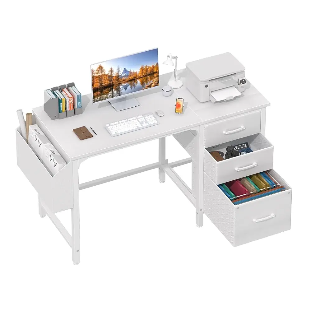 

White Desk With Fabric File Drawers Cabinet, 47 H Reversible Computer Desk With Filing Cabinet For Bedroom Small Space Home