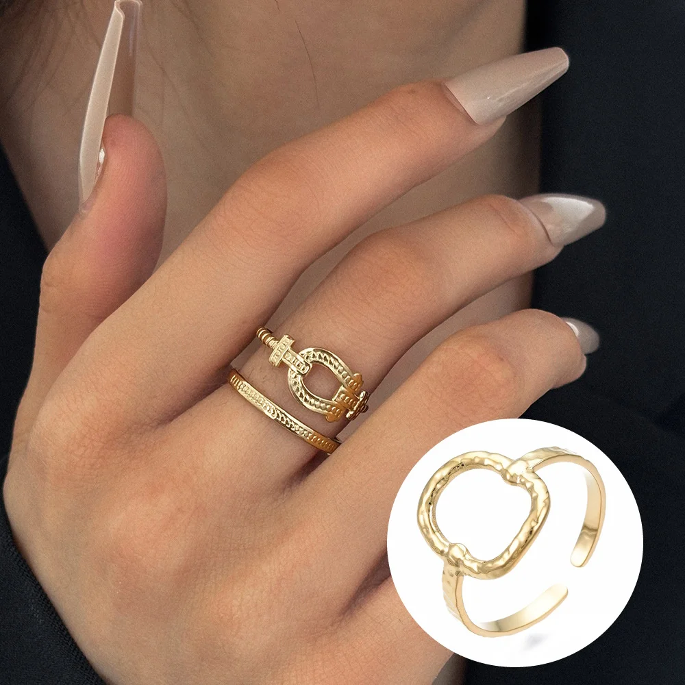 Versatile Double Layer Gold Plated Ring Luxurious Romantic Texture Hollow Circle Rings Women Men Stainless Steel Jewelry