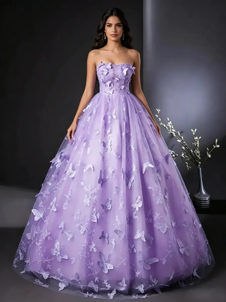 Lavender Strapless 3D Butterfly Tulle Ball Gown Formal Evening Dress Women Quinceanera Prom Wedding Party Gala Photoshoot