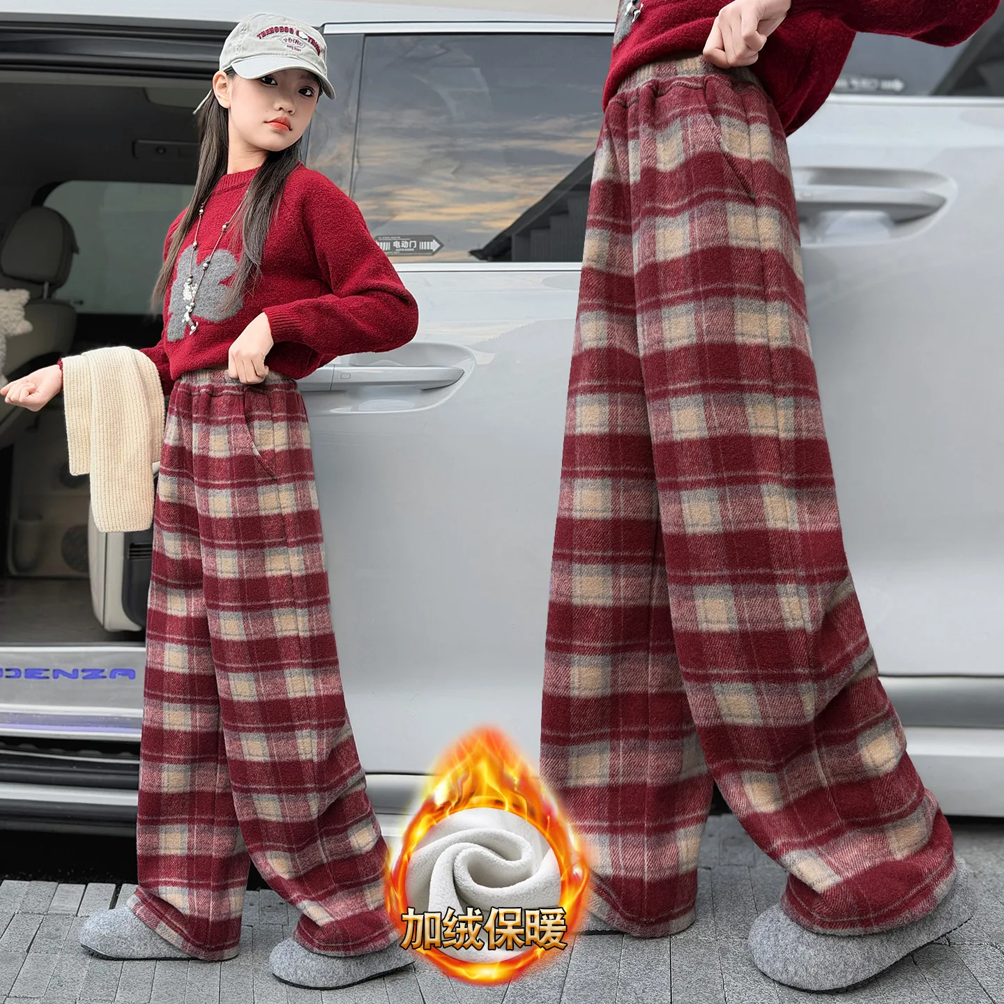Girls Fashion Warm Plush Pants Insulated Thick Plaid Ladies Winter Casual Loose Wide-legged Pants Korean Streetwear Students