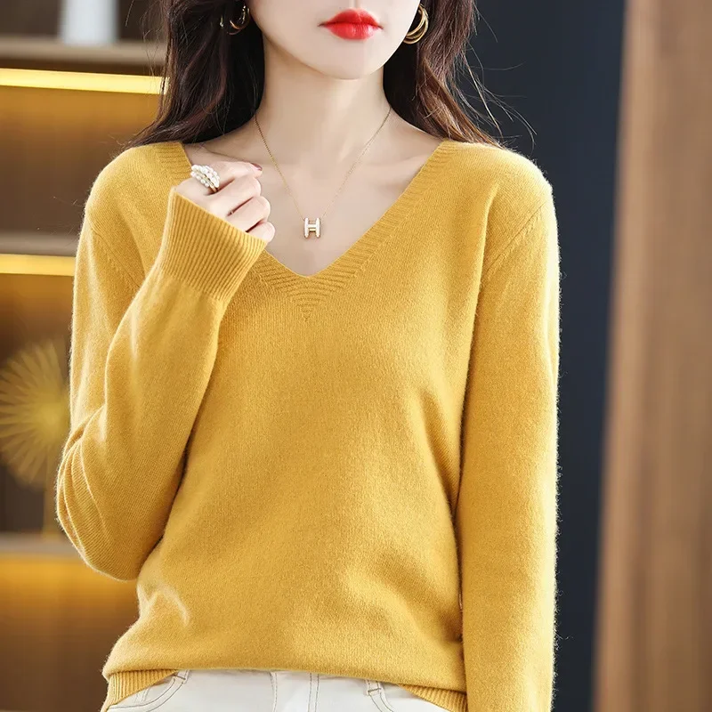 Otoño Invierno mujer suéter 2025 moda coreana prendas de punto cálido manga larga con cuello en V jerseys de punto Slim Fit camisa de fondo Jumper