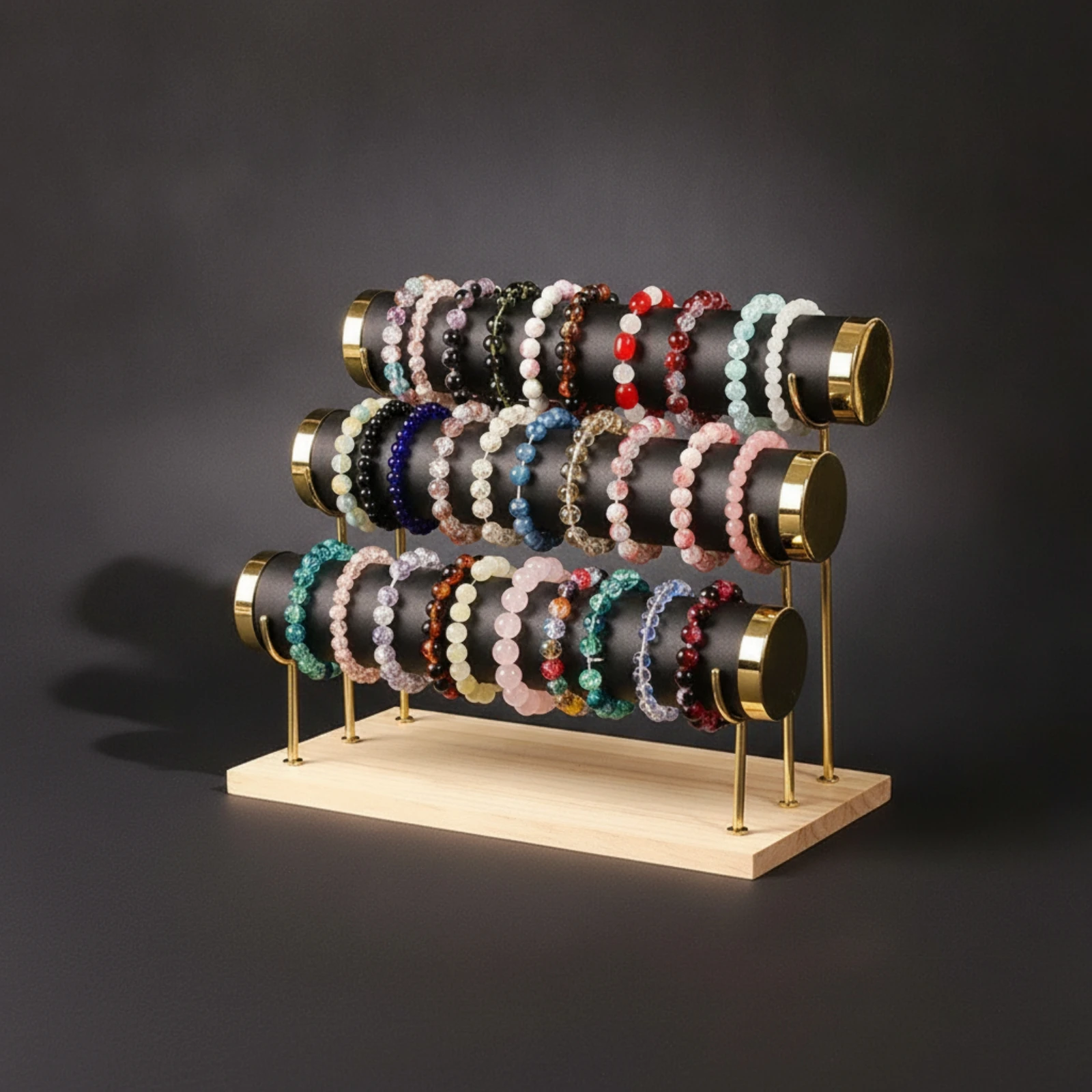 Bracelet Display Stand with Wooden Base Three-Tier Bracelet Holder with Wooden Base Bangle Stand Countertop for Vanity