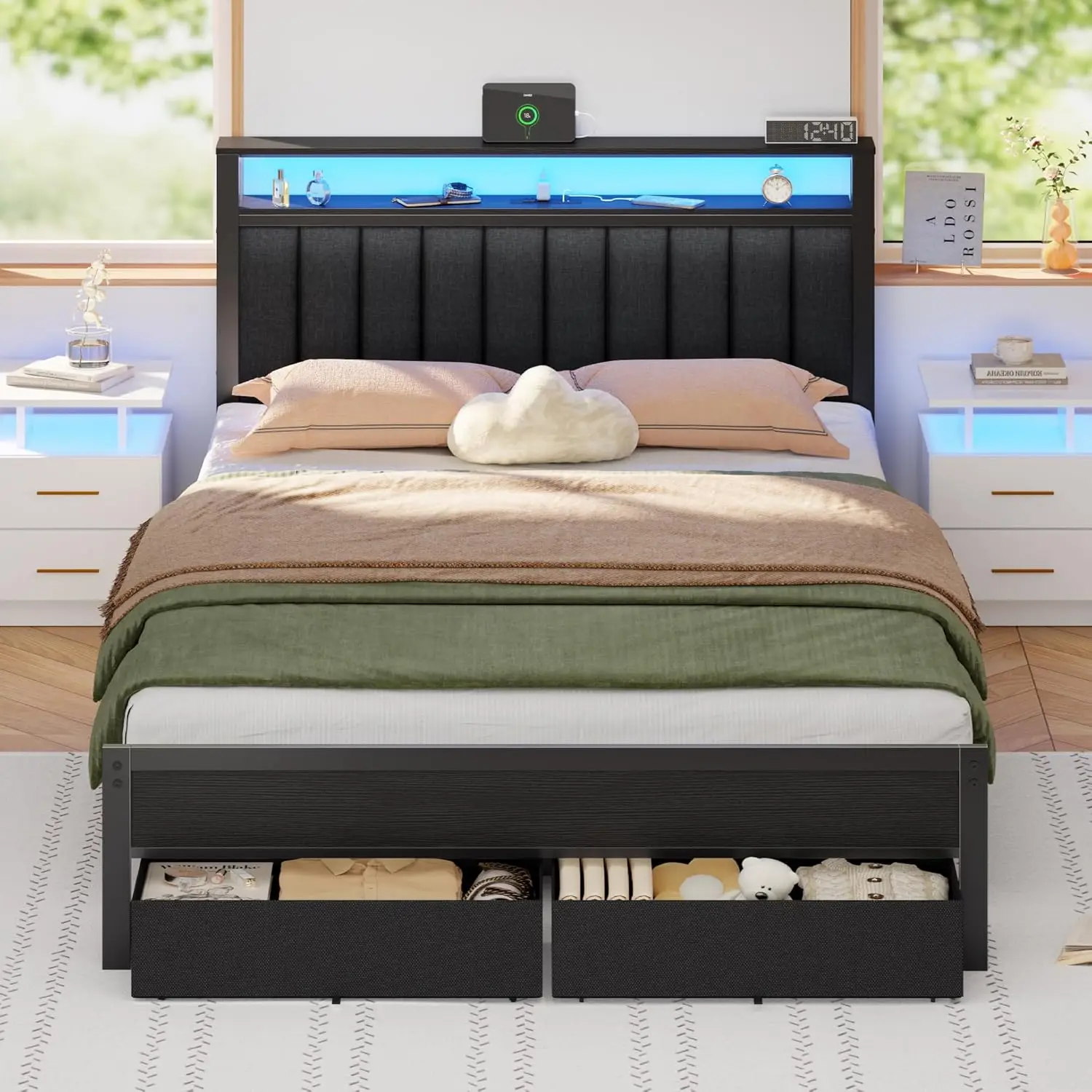 Queen Bed Frame with Charging Station and LED Lights, Grey Upholstered Headboard with Shelves, Metal Platform Bed, Customized