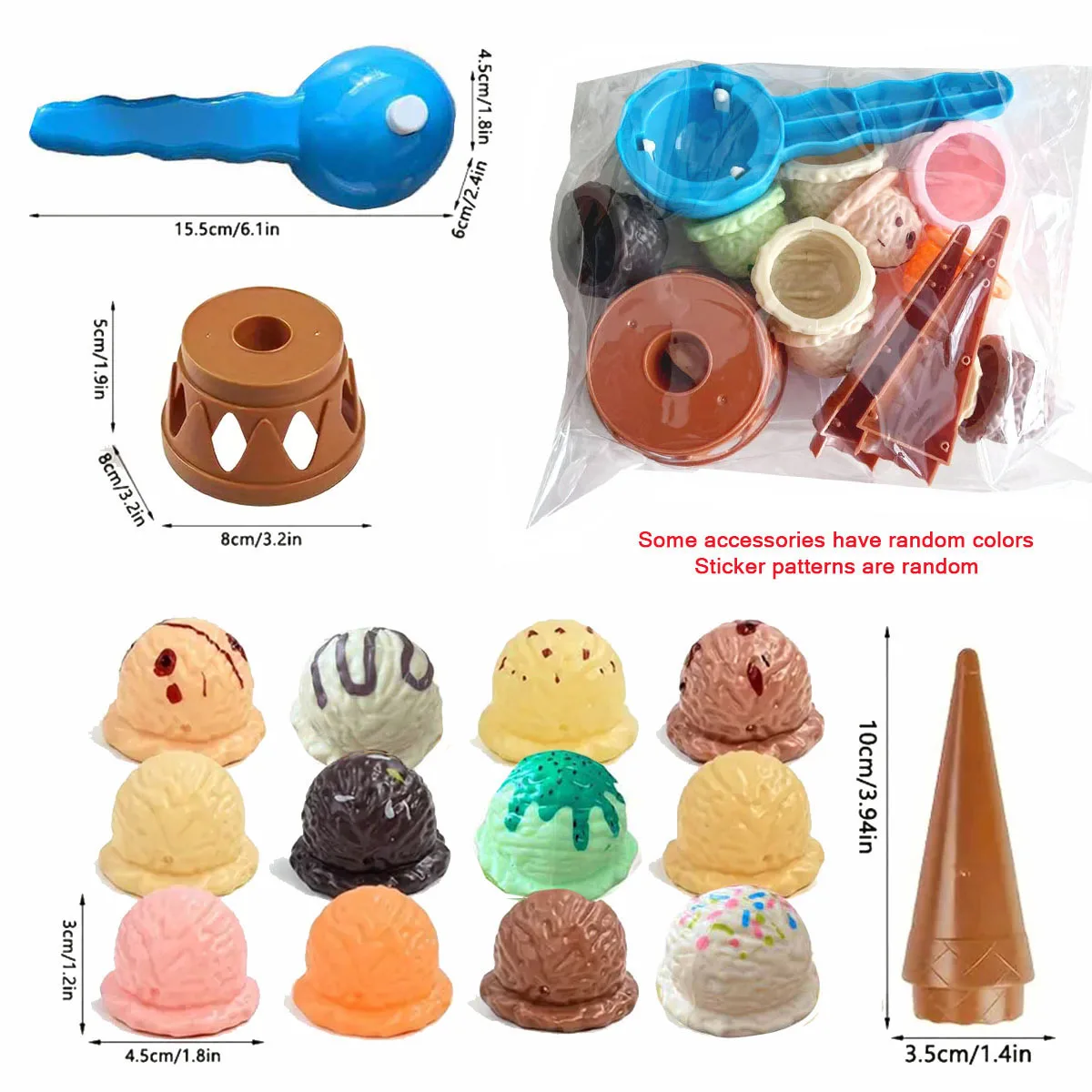 Ice Cream Stacking Toy Set - Balance Game with 12 Colorful Scoops, 1Cones & Scooper, Pretend Play Food Educational Toy for Kids