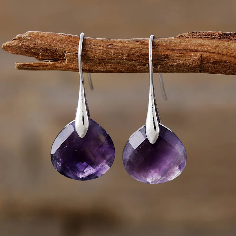 High-quality new simple and elegant water drop-shaped natural stone amethyst tiger eye earrings, earrings, European and American