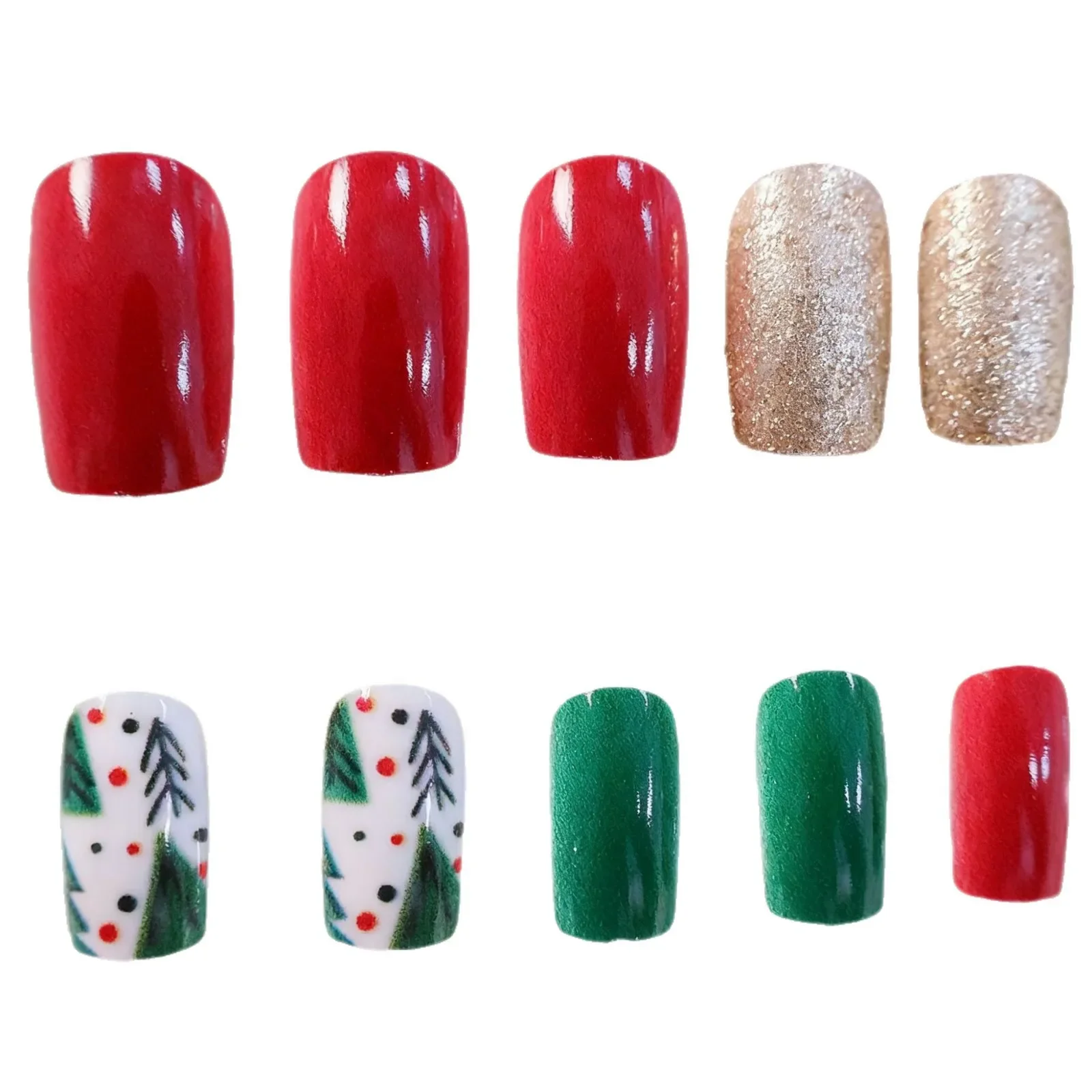 

2026 New Simple and Fresh Christmas Tree Glitter Short Square Wearable Nail Tips