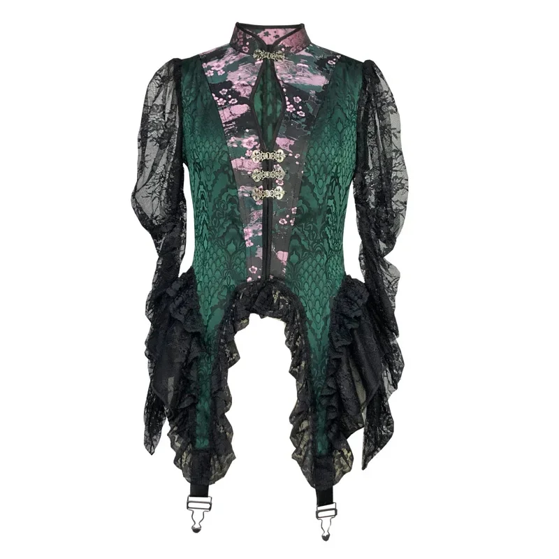 

New Spring Autumn Hot Girl Gothic Harajuku Blackish Green Cheongsam Lace Long Sleeve Fashion Punk Sexy Top