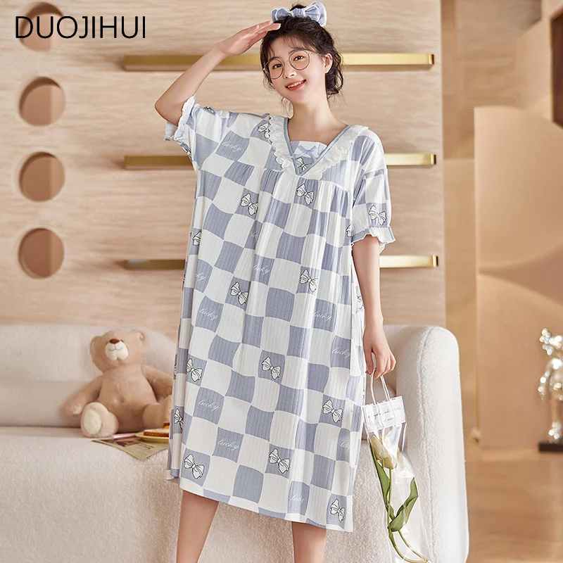 DUOJIHUI Summer Sweet Printed Simple Bow Sleepwear Women New Chic Neck Loose Casual Fashion Contrast Color Soft Female Nightgown