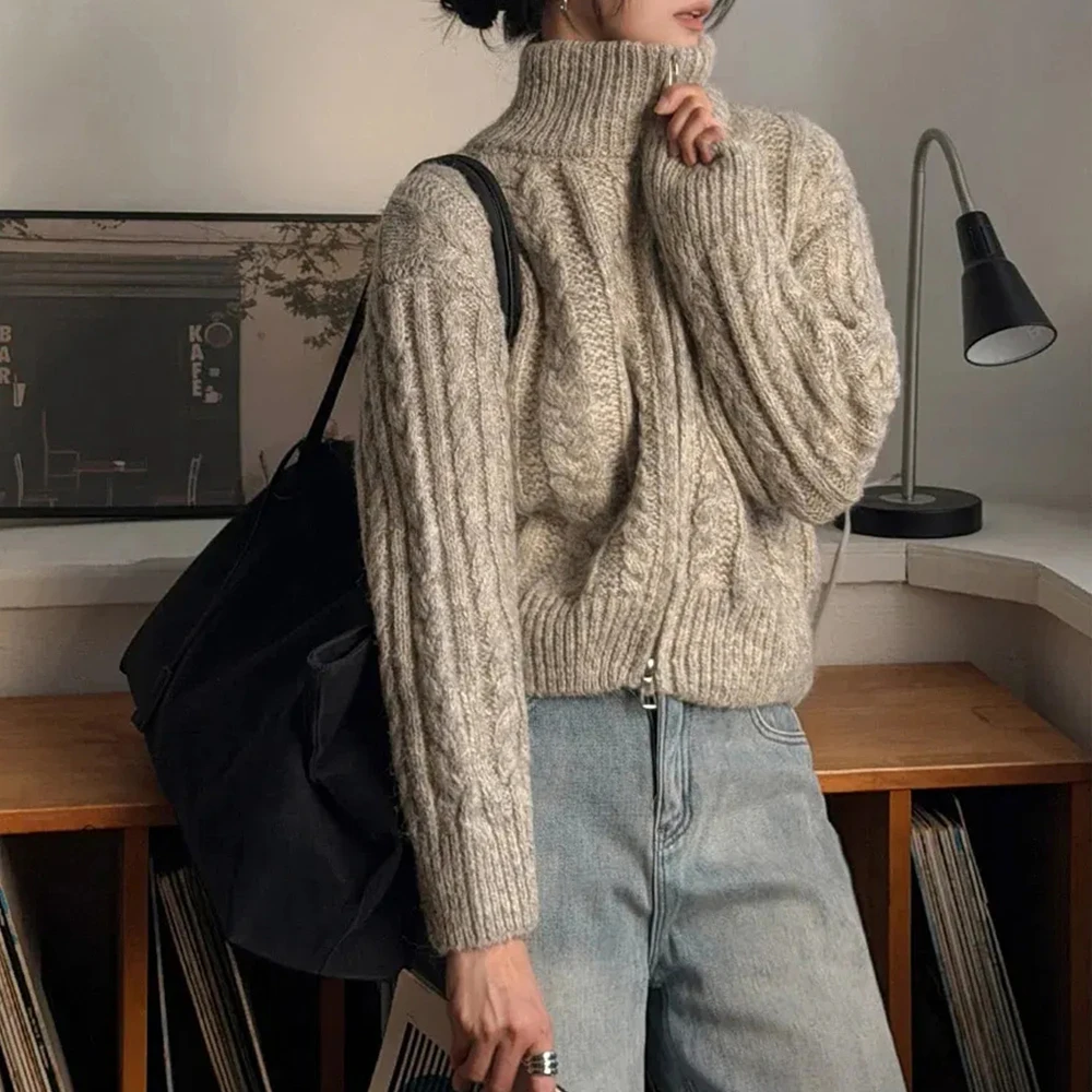 Korean Sle Thiened Heavy Work Long Sve Knitted Cardigan Sweater Zipper f High Collar Women's Outerwear Spring 2026