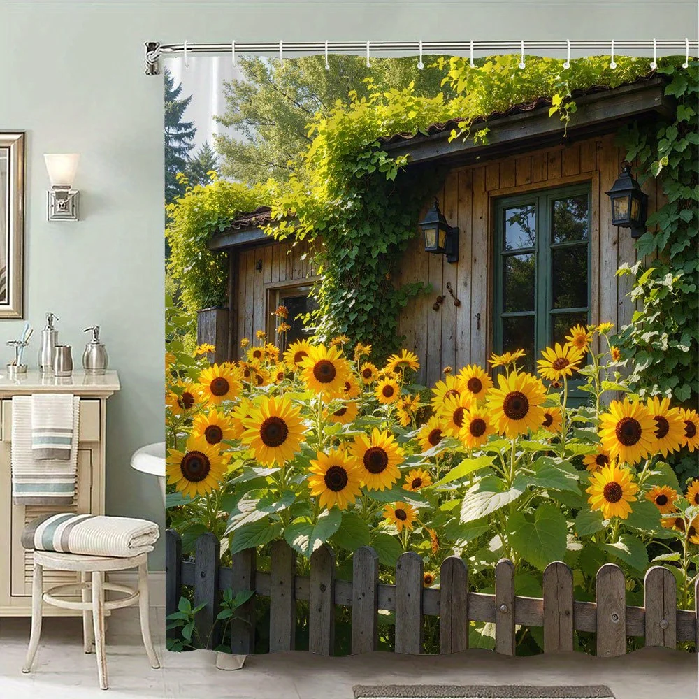 1pc 2D Flat Shower Curtain, Sunflower Garden & Wooden Picket Fence Printed Shower Curtain, Decor for Bathroom
