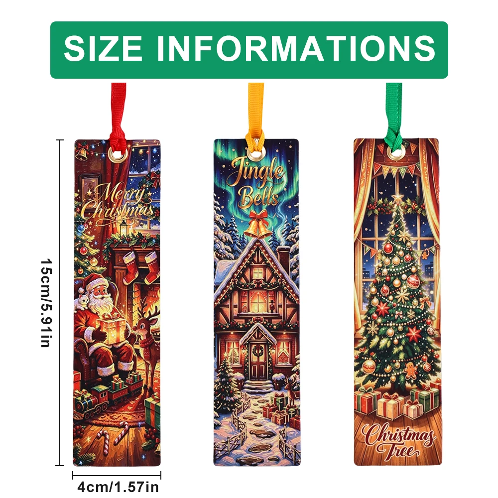 10Pcs Christmas Bookmark Kit Vintage Style Printed Paper with Bright Ribbons Fun Cartoon Holiday Designs for Readers Students