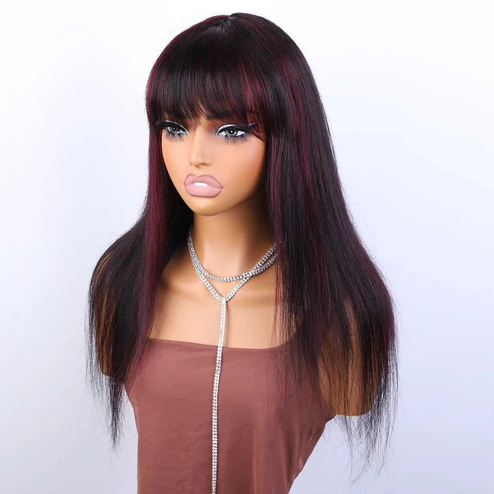 Brazilian Straight Human Hair Wigs With Bangs F1B/99J 100% Remy Long Human Hair Wigs Full Machine Human Hair Wig For Women