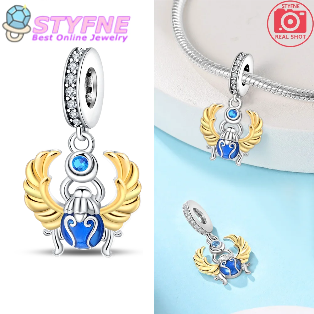 Special 925 Sterling Silver Gold Wings Blue Scarab Charm Fit DIY Bracelet Necklace Women's Date Creative Jewelry Accessories