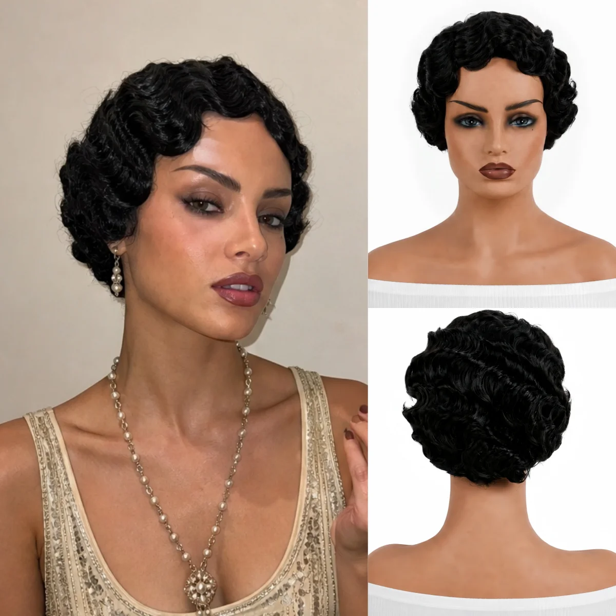 REEWES 1920s Black Short Finger Wave Wigs 10inch tightly curls The Great Gastby Cosplay Costume Synthetic Hair Halloween Party